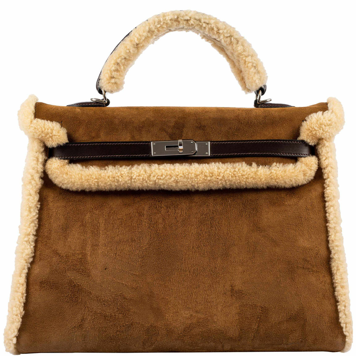 Hermes Kelly 35 Retourne Teddy Shearling & Ebene Barenia Palladium Hardware